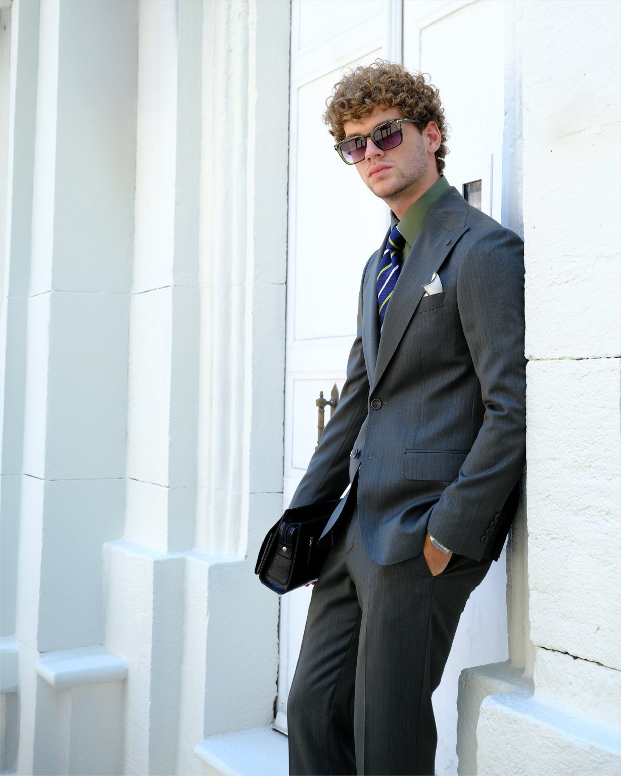 City Grey Suit – leaning on a wall